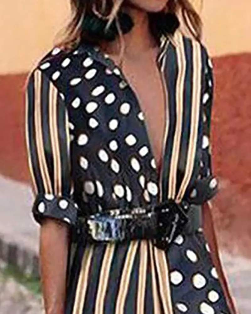 POLKA DOT STRIPED PRINT SLIT MAXI DRESS