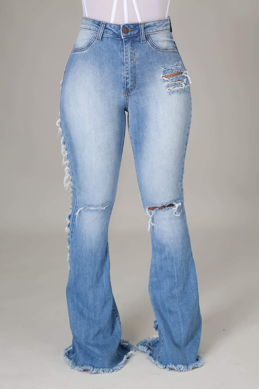 RIPPED STRETCH DENIM FLARED PANTS