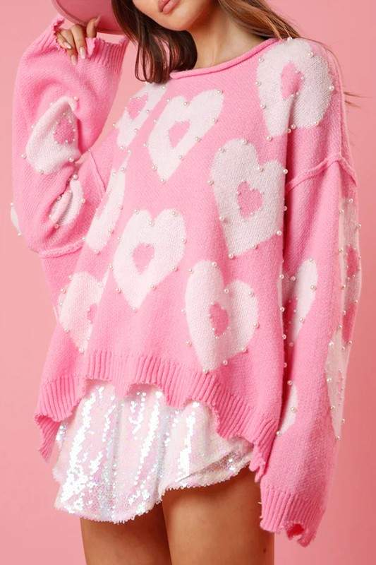 OVERSIZED PEARL HEART KNIT SWEATER