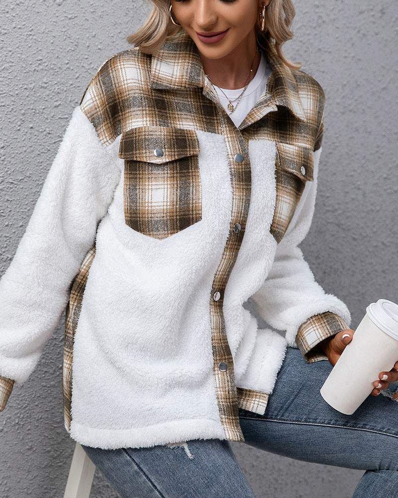 NEW Plaid Print Snap Button Long Sleeve Teddy Shacket