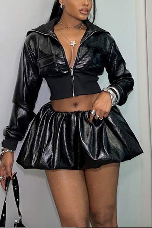 SEXY BLACK LAPEL LONG SLEEVE 2PCS BUBBLE SKIRT SET