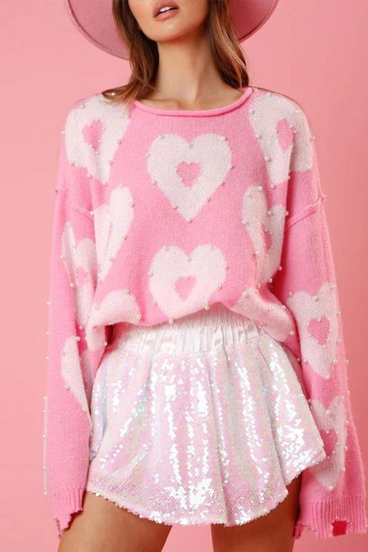 OVERSIZED PEARL HEART KNIT SWEATER