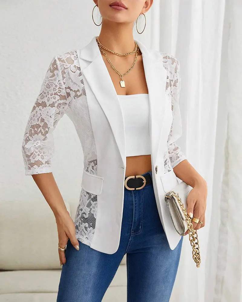 LAPEL NECK LACE PATCH SINGLE BUTTON FLAP DETAIL SHEER BLAZER COAT