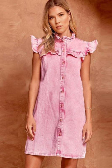 RUFFLE PUFFED SLEEVE DENIM SHIRT DRESS