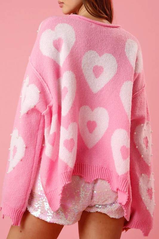 OVERSIZED PEARL HEART KNIT SWEATER