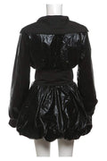 SEXY BLACK LAPEL LONG SLEEVE 2PCS BUBBLE SKIRT SET