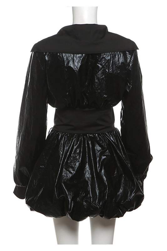 SEXY BLACK LAPEL LONG SLEEVE 2PCS BUBBLE SKIRT SET