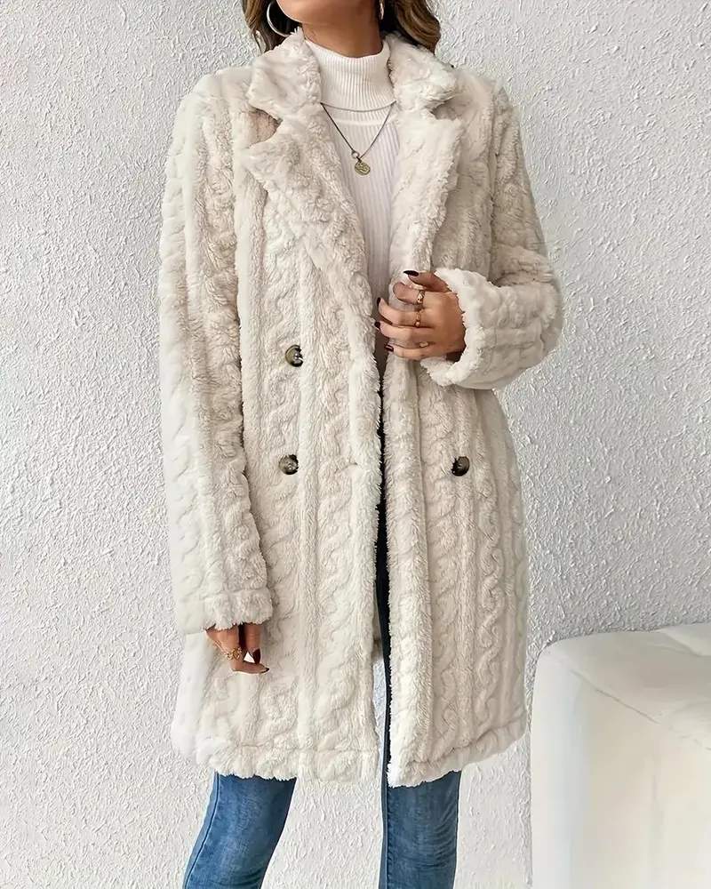 CABLE TEXTURED LAPEL NECK DOUBLE BREASTED FLEECE LONGLINE TEDDY COAT