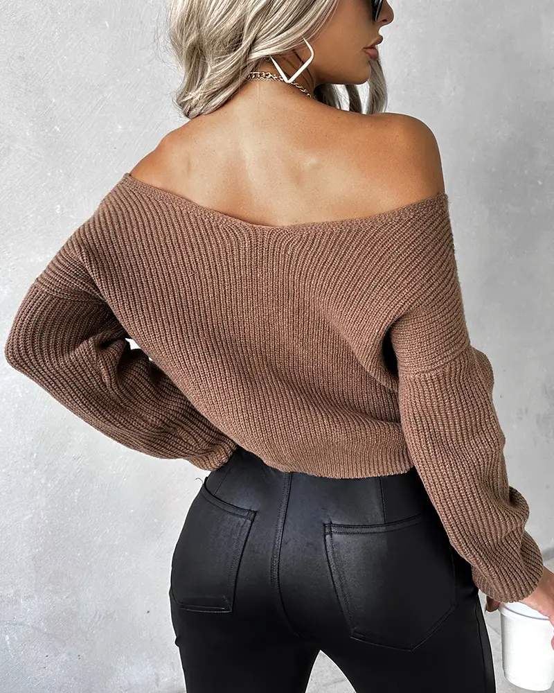 V NECK LONG SLEEVE BEADED TWISTED KNIT SWEATER