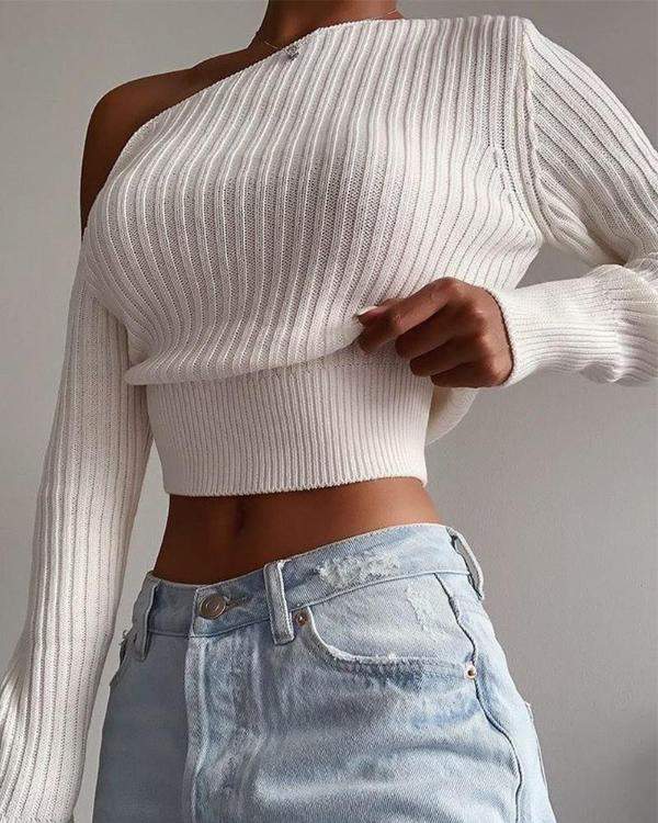 Solid Color Long Sleeve Cropped Sweater