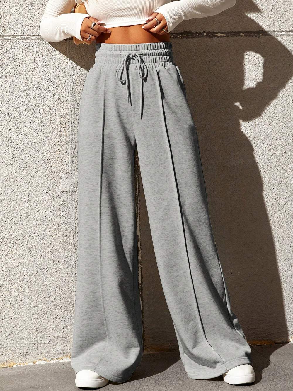 EZWEAR SOLID DRAWSTRING WAIST WIDE LEG SWEATPANTS