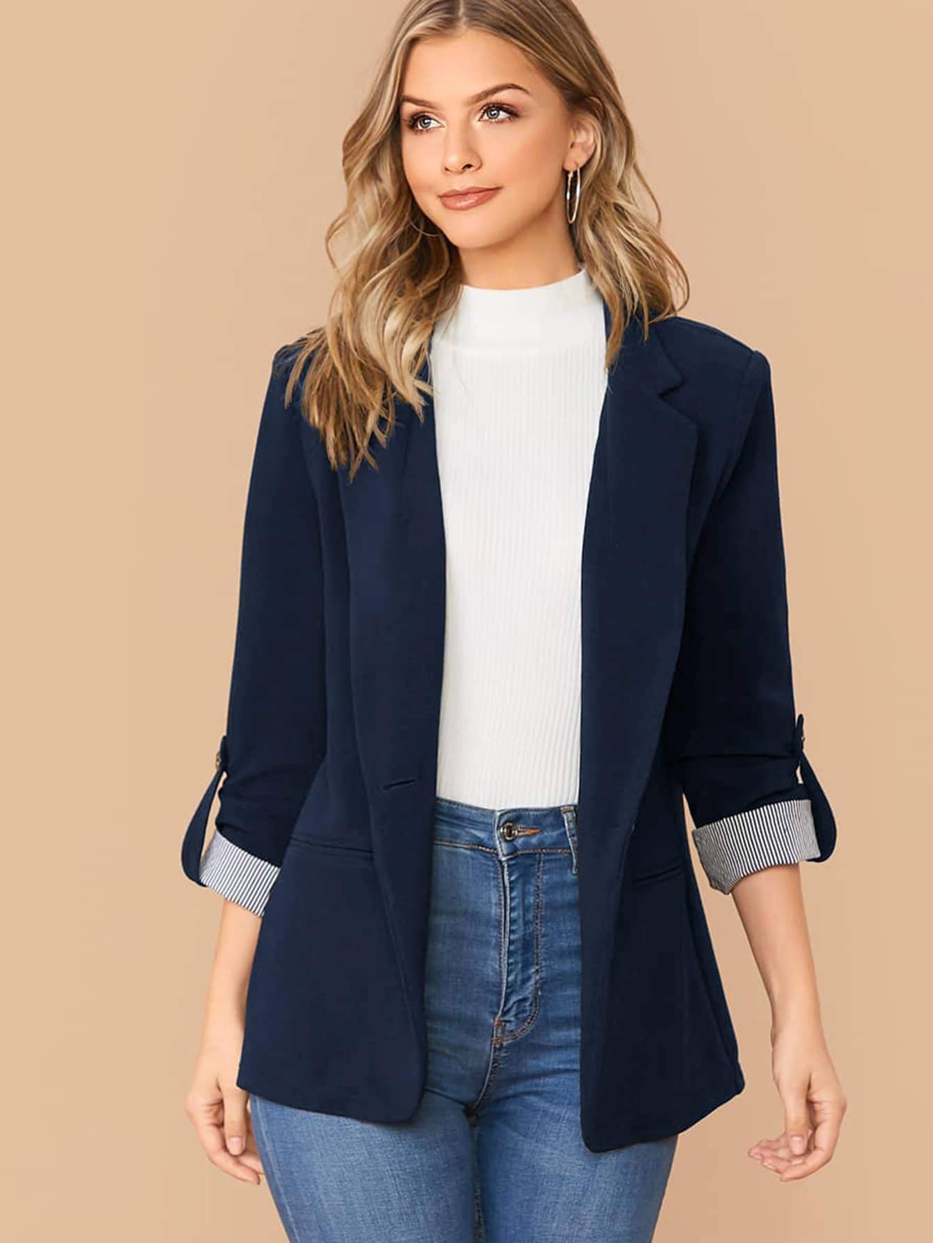 NOTCH COLLAR ROLL TAB SLEEVE BLAZER