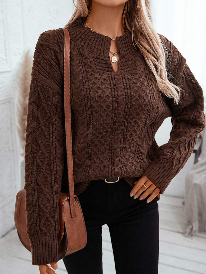 SWEATER KNITTED TWIST V NECK LOOSE CASUAL KNITTED SWEATER FOR WOMEN