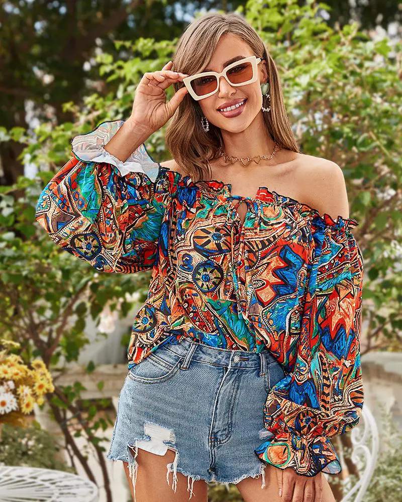 TRIBAL PRINT OFF SHOULDER LANTERN SLEEVE TOP