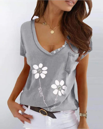 FLORAL PRINT V NECK BUTTON DECOR T SHIRT