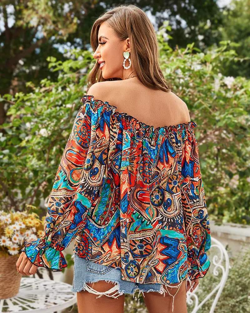 TRIBAL PRINT OFF SHOULDER LANTERN SLEEVE TOP