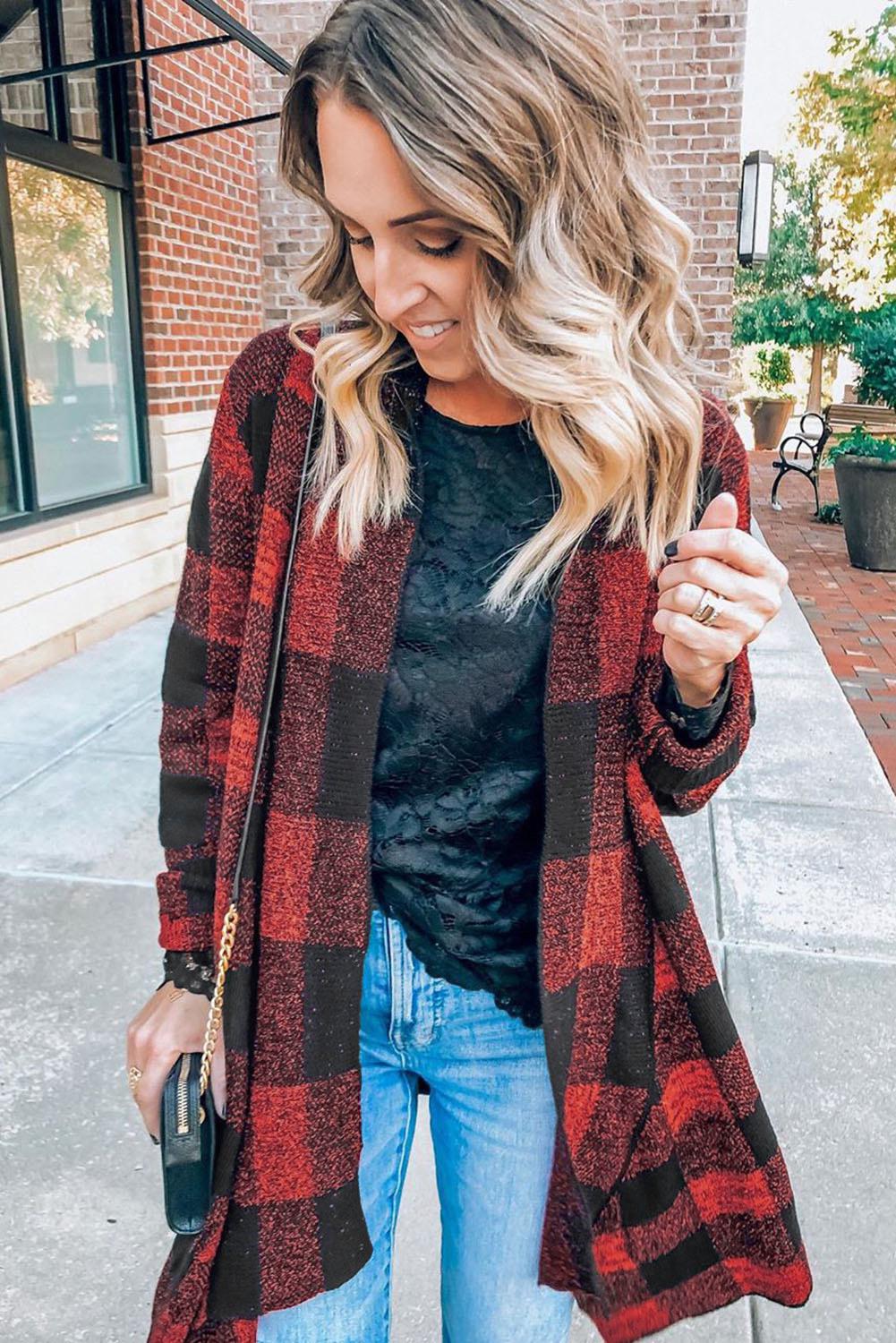 Red Plaid Shawl Neckline Knitted Cardigan