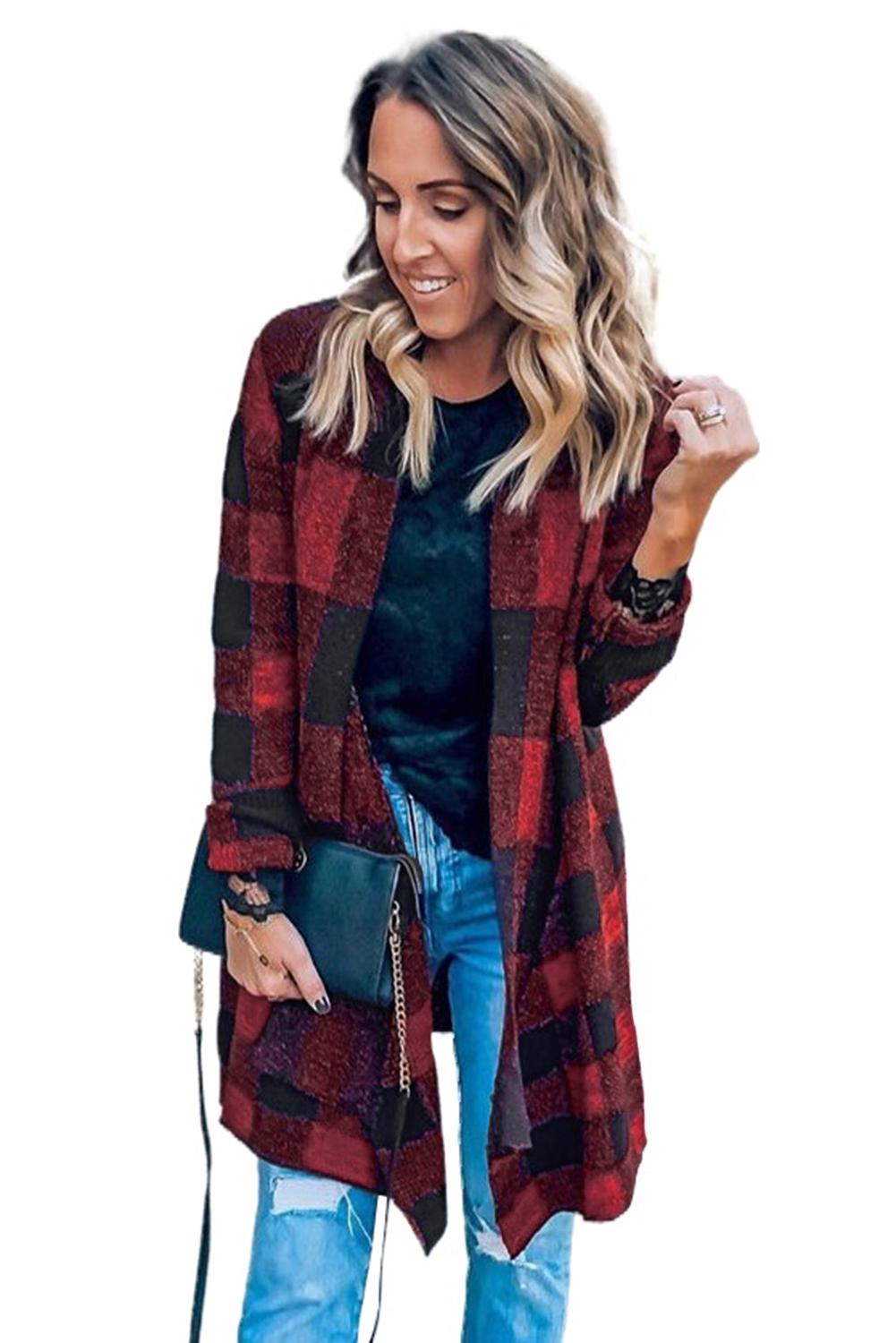 Red Plaid Shawl Neckline Knitted Cardigan