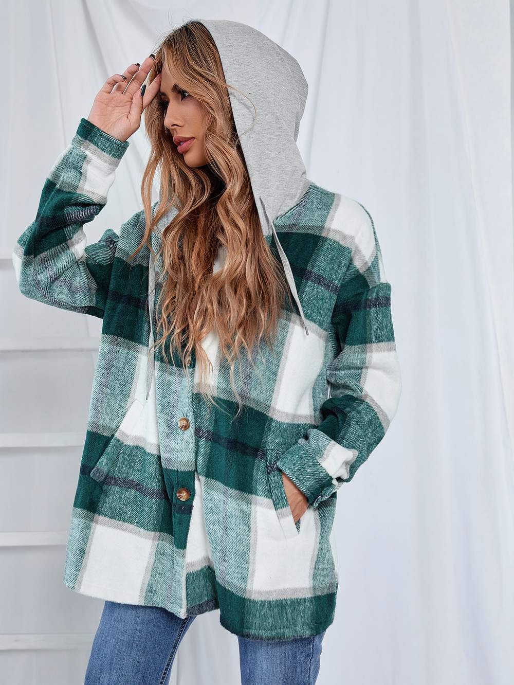 PLAID BUTTON FRONT DRAWSTRING HOODED COAT