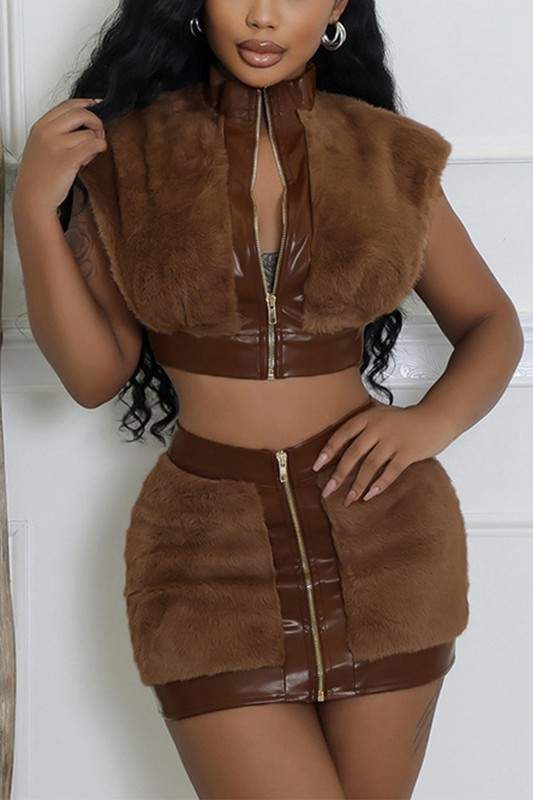 FLUFFY FUR LEATHER PATCHWORK ZIPPER SKIRT SET