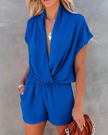 PLUNGE SHORT SLEEVE POCKET DESIGN ROMPERS