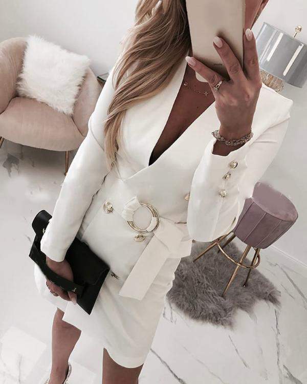 Plain Long Sleeve Buttoned Blazer Dress