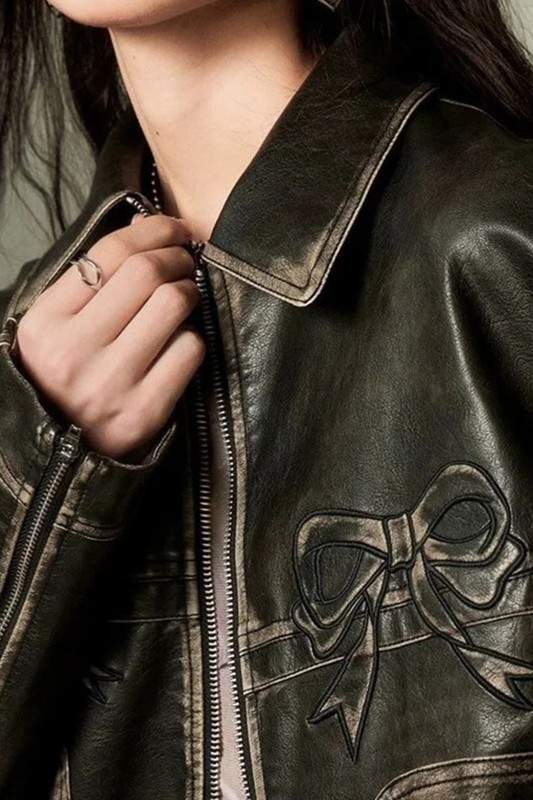 VINTAGE BOW DETAIL FAUX LEATHER JACKET