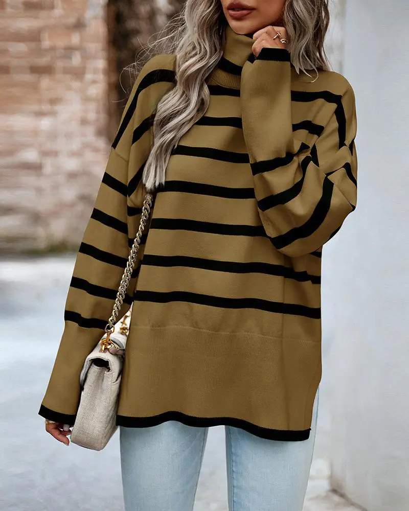 STRIPED HIGH NECK SIDE SLIT KNIT SWEATER