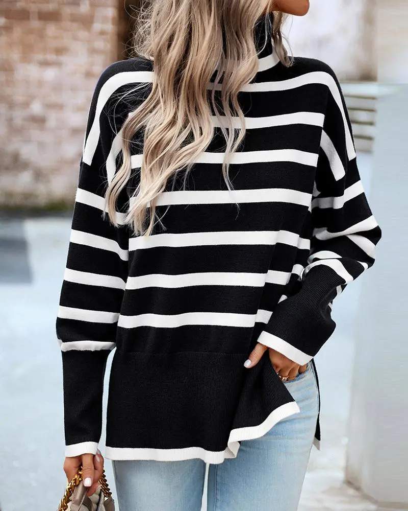 STRIPED HIGH NECK SIDE SLIT KNIT SWEATER