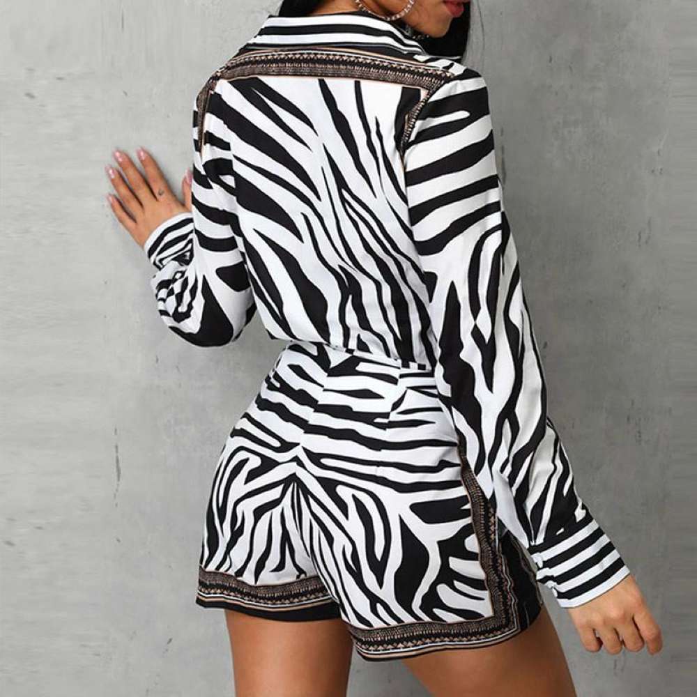 Zebra Print Buttoned Shirt Zipper Short Sets