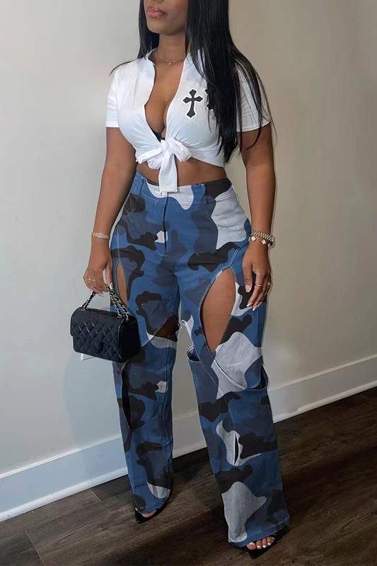 CAMOUFLAGE CUTOUT STRAIGHT LONG PANTS