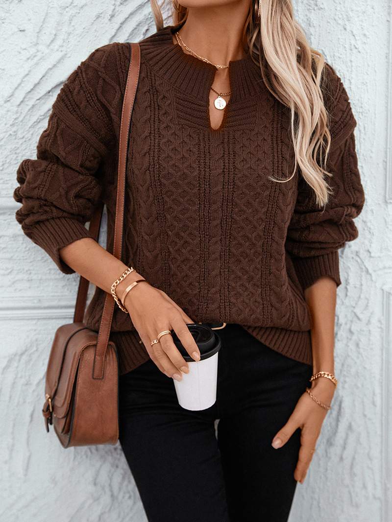 SWEATER KNITTED TWIST V NECK LOOSE CASUAL KNITTED SWEATER FOR WOMEN