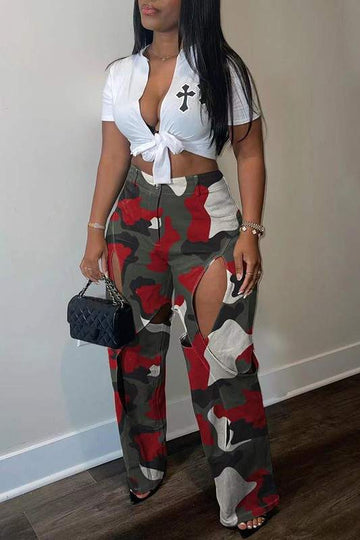 CAMOUFLAGE CUTOUT STRAIGHT LONG PANTS