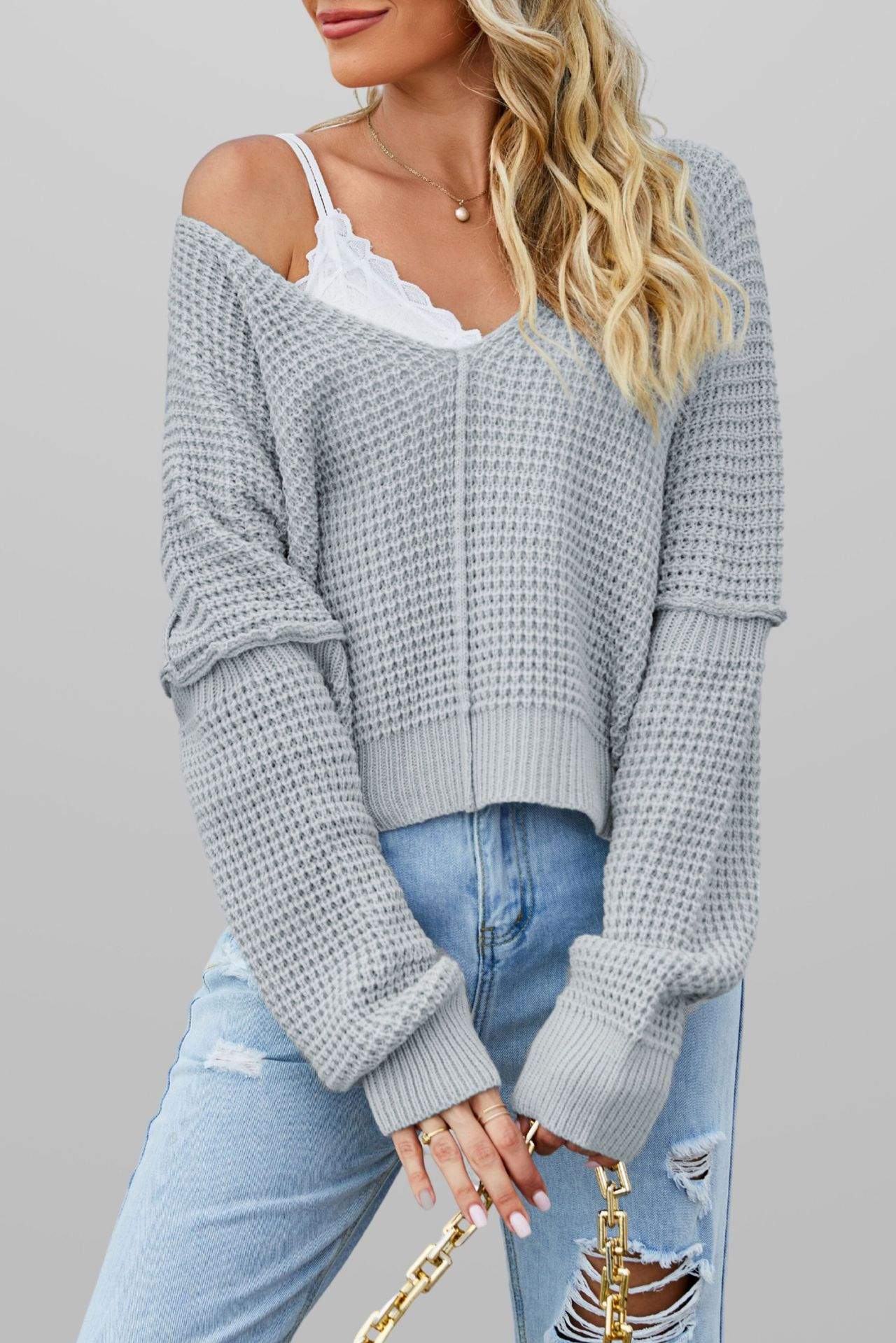 V NECK SOLID COLOR OFF THE SHOULDER SWEATER SEXY PULLOVER SWEATER