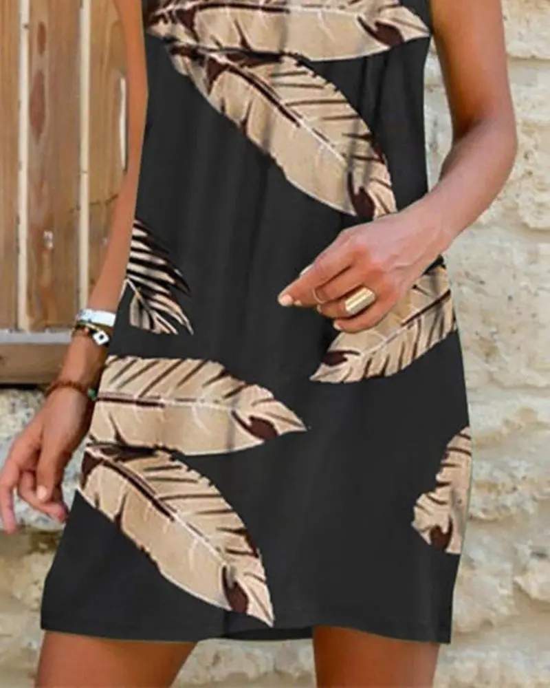 METAL HALTER LEAF PRINT SLEEVELESS DRESS