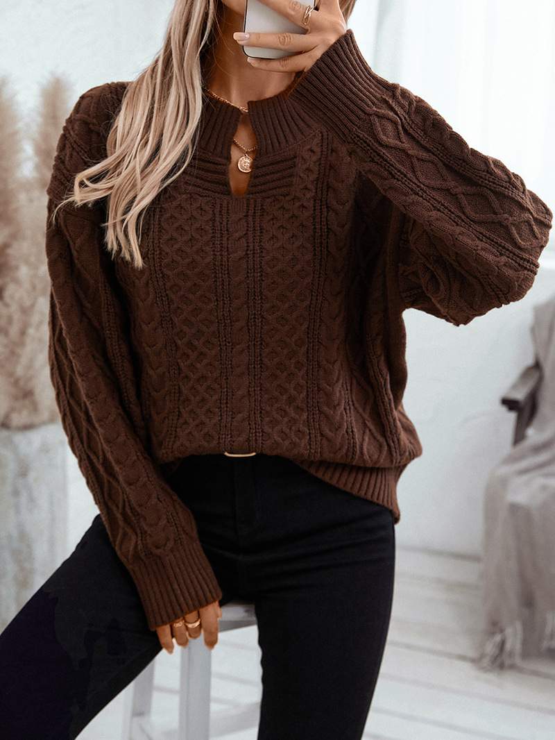 SWEATER KNITTED TWIST V NECK LOOSE CASUAL KNITTED SWEATER FOR WOMEN