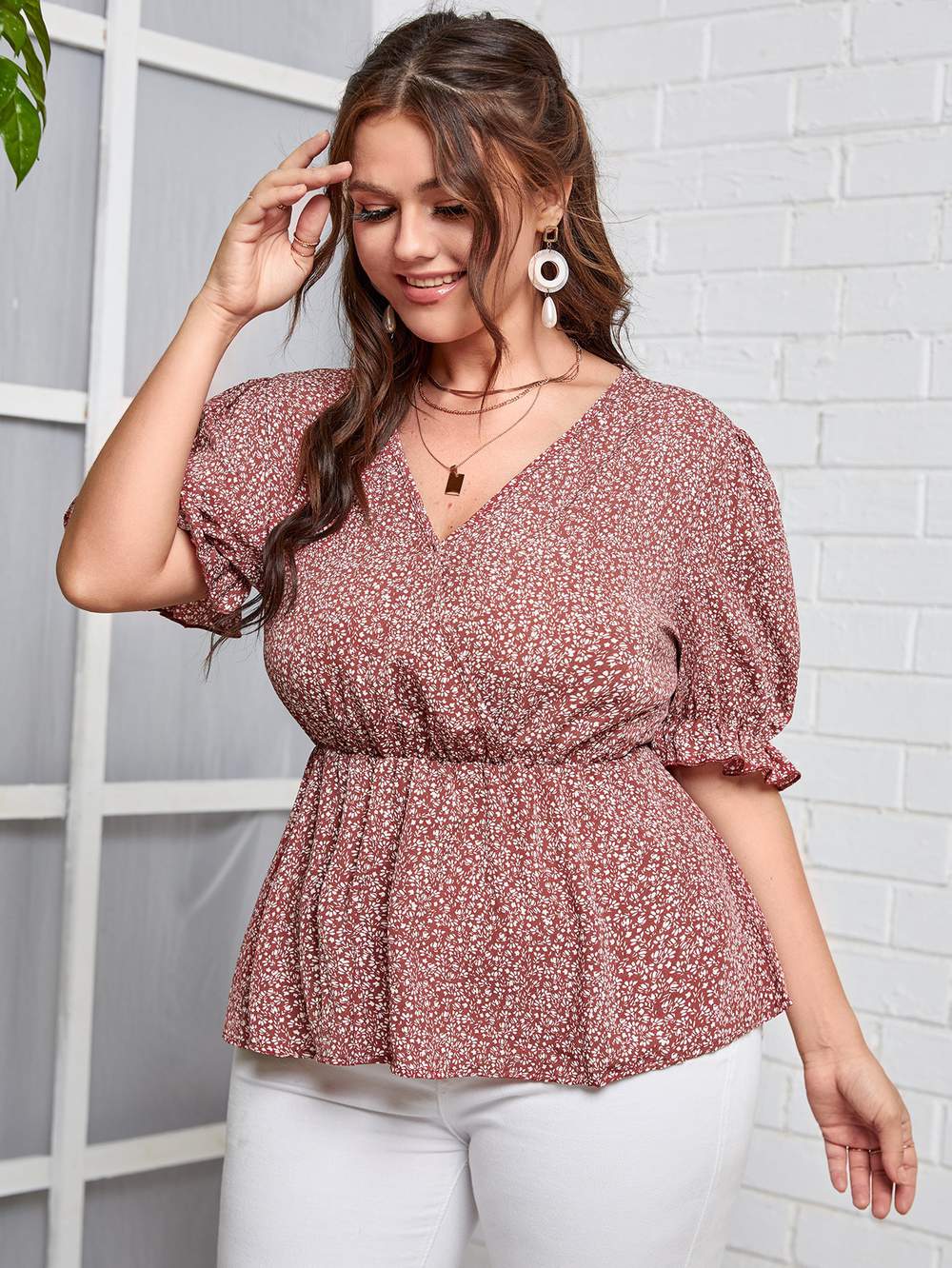 PLUS DITSY FLORAL RUFFLE TRIM SURPLICE FRONT PEPLUM BLOUSE