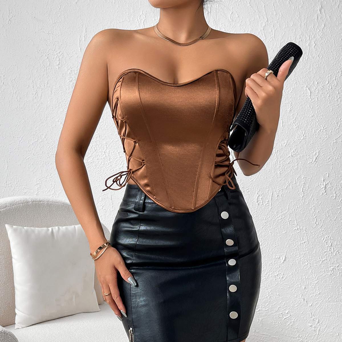  SEXY SPICE GIRL LACE UP  CHEST WRAP STREET BACKLESS FISHBONE WAIST 