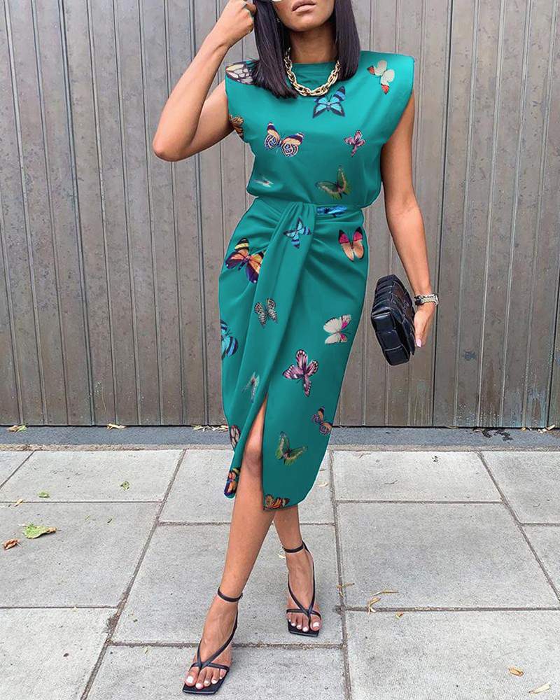 Butterfly Print Top Slit Skirt Sets