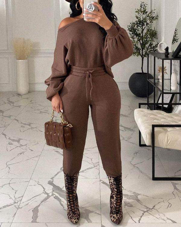 Lantern Sleeve Top Drawstring Pants Set