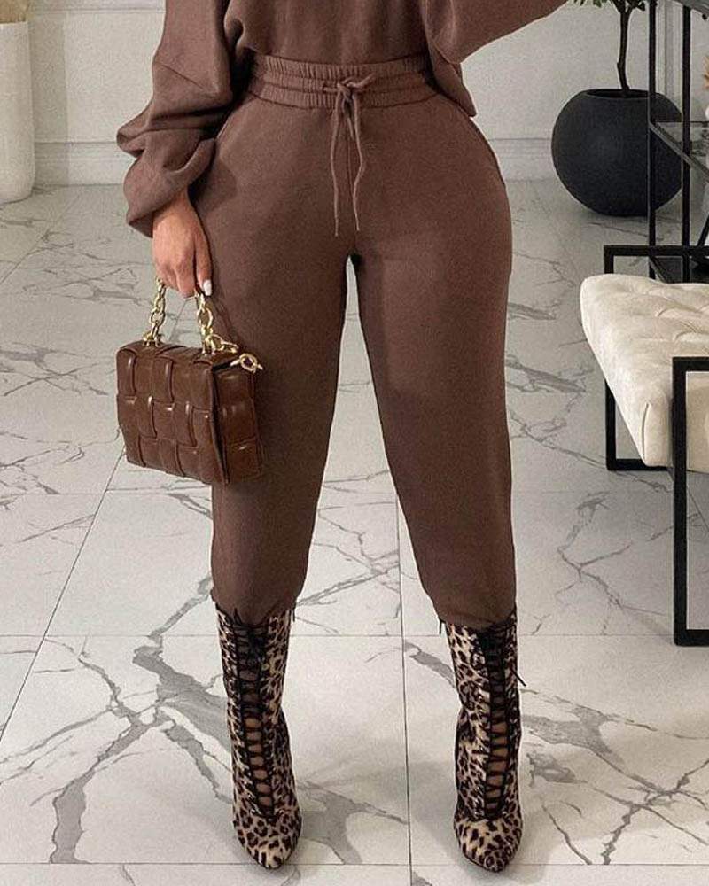 Lantern Sleeve Top Drawstring Pants Set