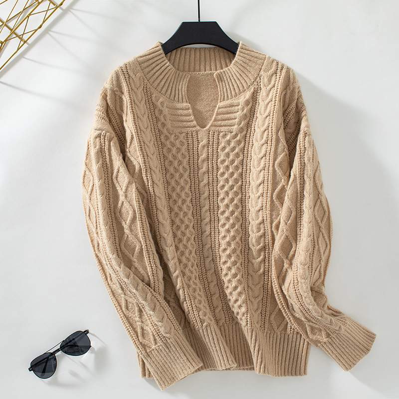 SWEATER KNITTED TWIST V NECK LOOSE CASUAL KNITTED SWEATER FOR WOMEN