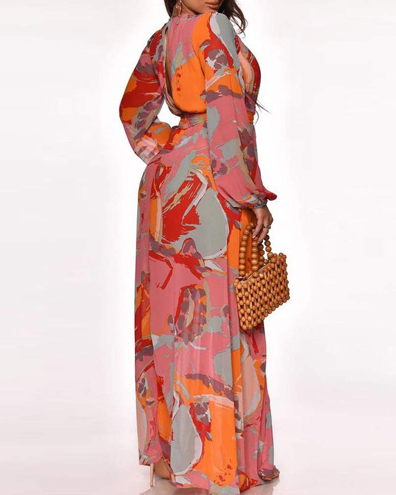 Colorblock High Slit Plunge Lantern Sleeve Maxi Dress