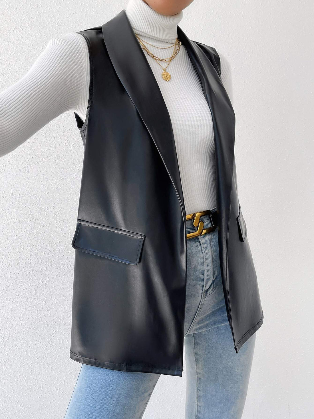 SHAWL COLLAR OPEN FRONT PU VEST BLAZER