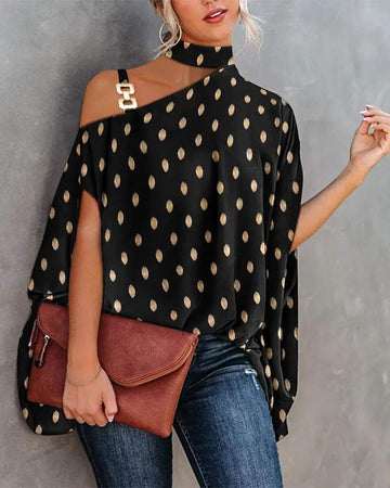 METALLIC POLKA DOT CHAIN STRAP COLD SHOULDER TOP