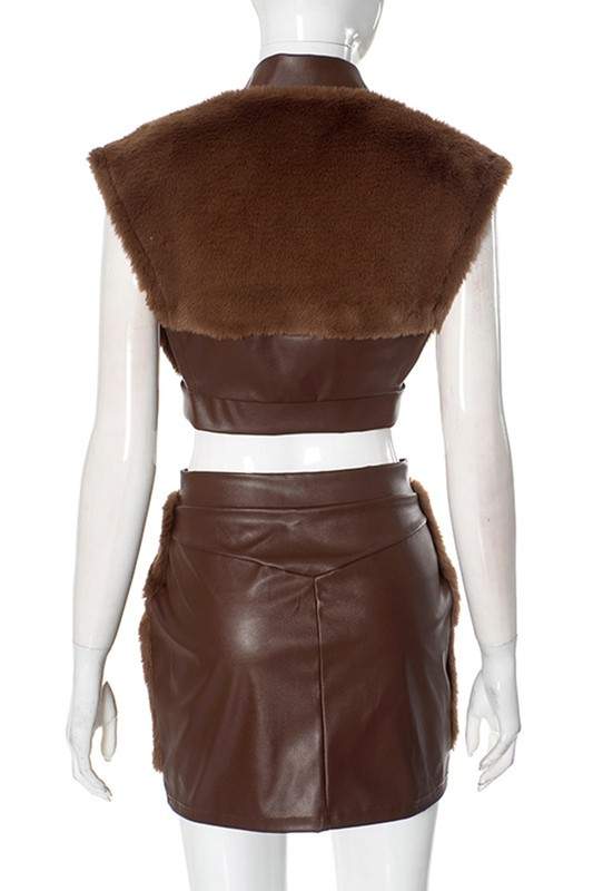 FLUFFY FUR LEATHER PATCHWORK ZIPPER SKIRT SET