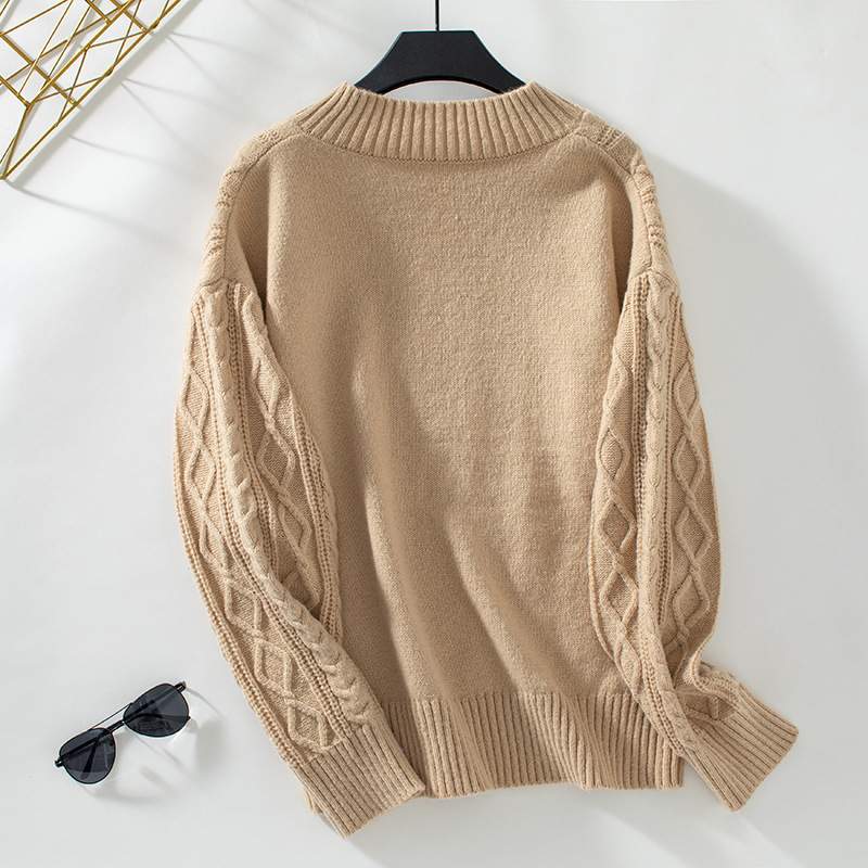 SWEATER KNITTED TWIST V NECK LOOSE CASUAL KNITTED SWEATER FOR WOMEN