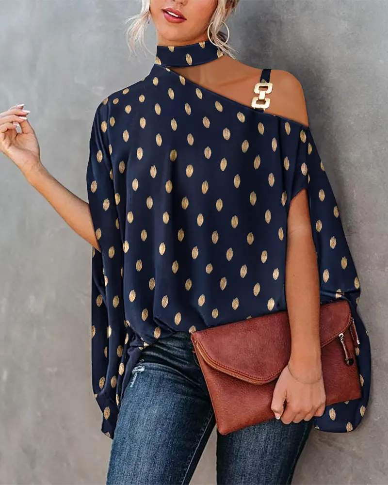 METALLIC POLKA DOT CHAIN STRAP COLD SHOULDER TOP