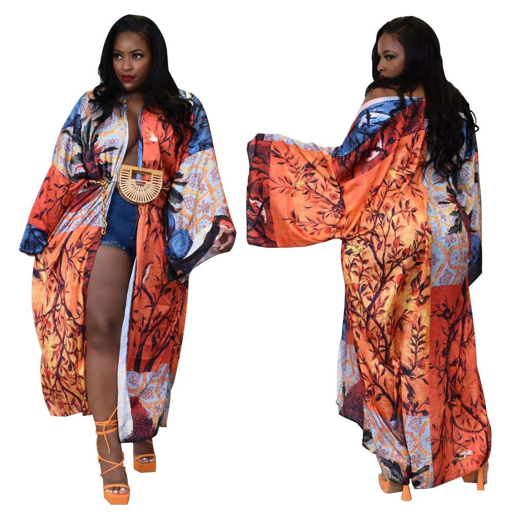 HOT SALE LADIES PRINTED ROBE LOOSE LONG SLEEVE CARDIGAN HOME STREET WEAR SILK PLUS SIZE OVERCOAT KIMONOS LADIES