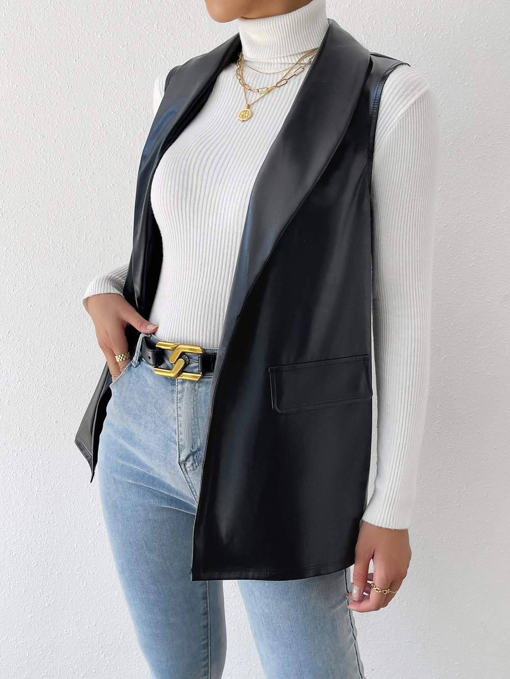 SHAWL COLLAR OPEN FRONT PU VEST BLAZER